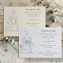 Mia bride and groom wedding invitation holding glasses