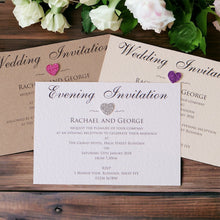 Victoria elegant wedding invitations with raised glitter hearts.
