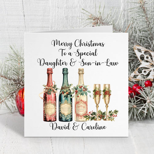 Christmas card with wine bottles and champagne flutes on a white background with decorative elements.