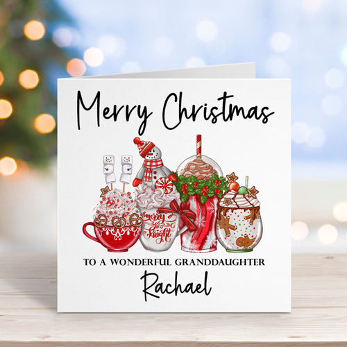 Christmas card with festive illustrations and personalized text on a blurred background