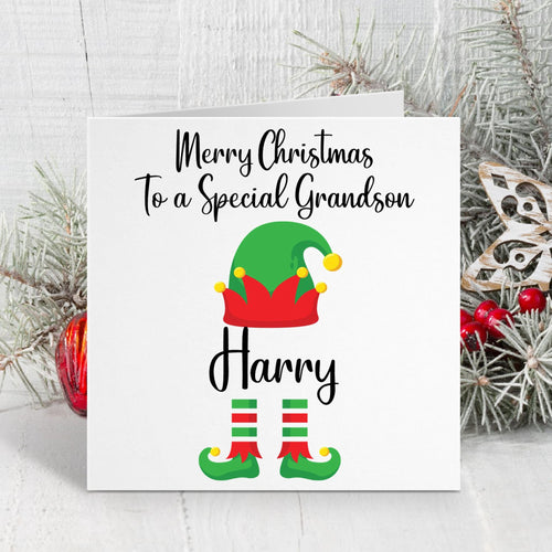 Christmas card with elf design and personalized text on a decorative background