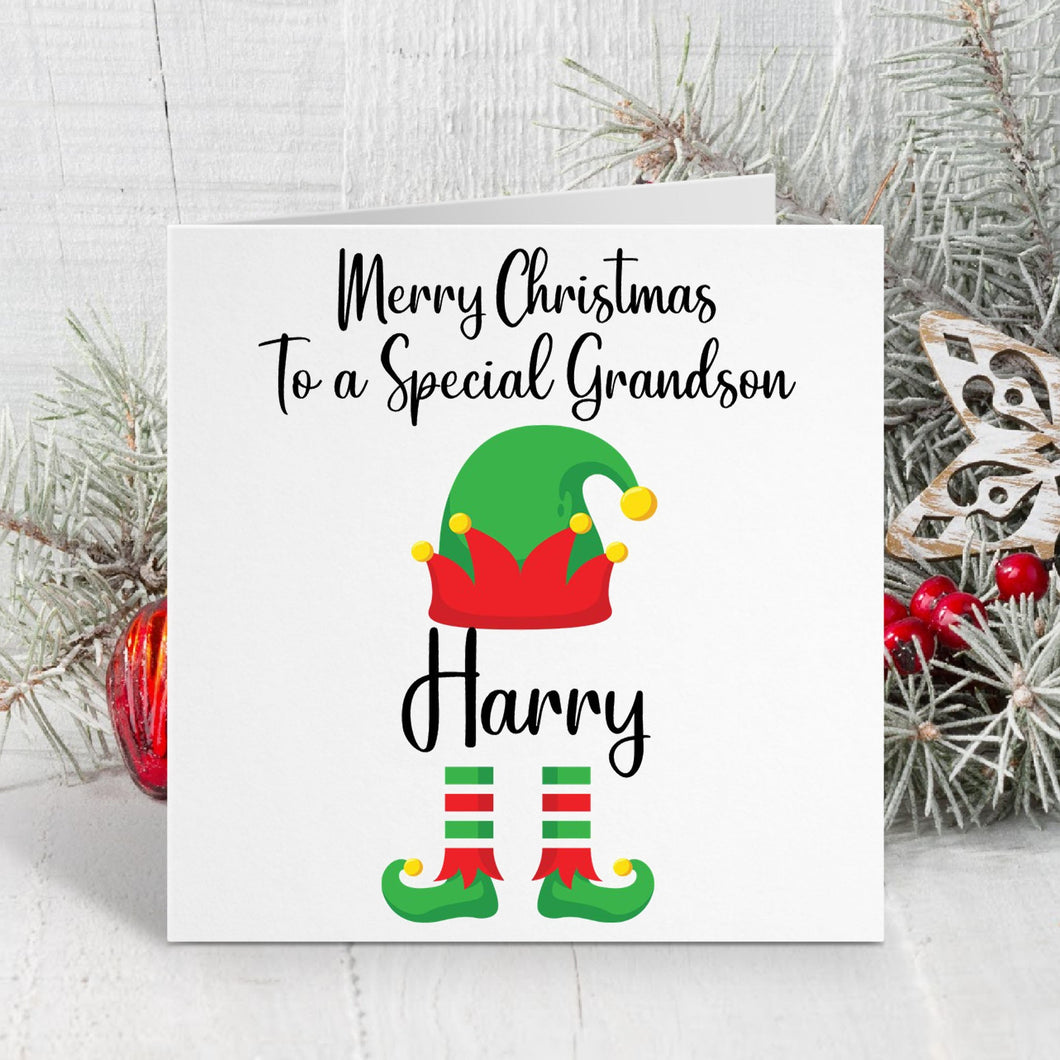 Christmas card with elf design and personalized text on a decorative background
