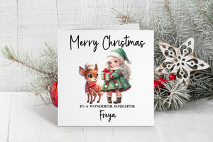 Cute Girl and Deer Christmas Card