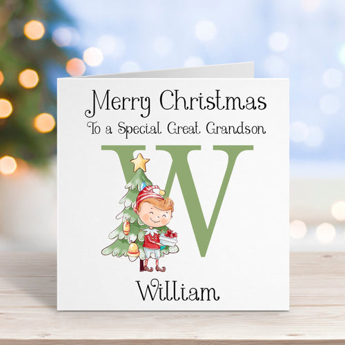 Christmas card for a special great grandson with a decorative 'W' and festive design.
