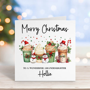 Christmas card with cupcakes and personalized text on a blurred festive background