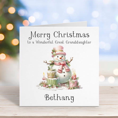 Christmas card with a snowman illustration and personalized text on a blurred festive background