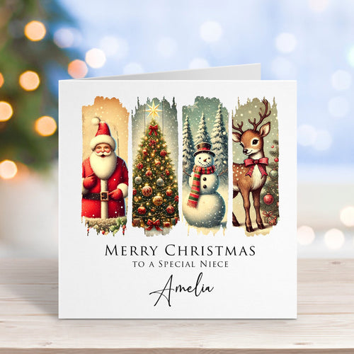 Christmas card with Santa, tree, snowman, and deer on a wooden surface with blurred lights in the background.