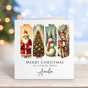 Christmas card with Santa, tree, snowman, and deer on a wooden surface with blurred lights in the background.