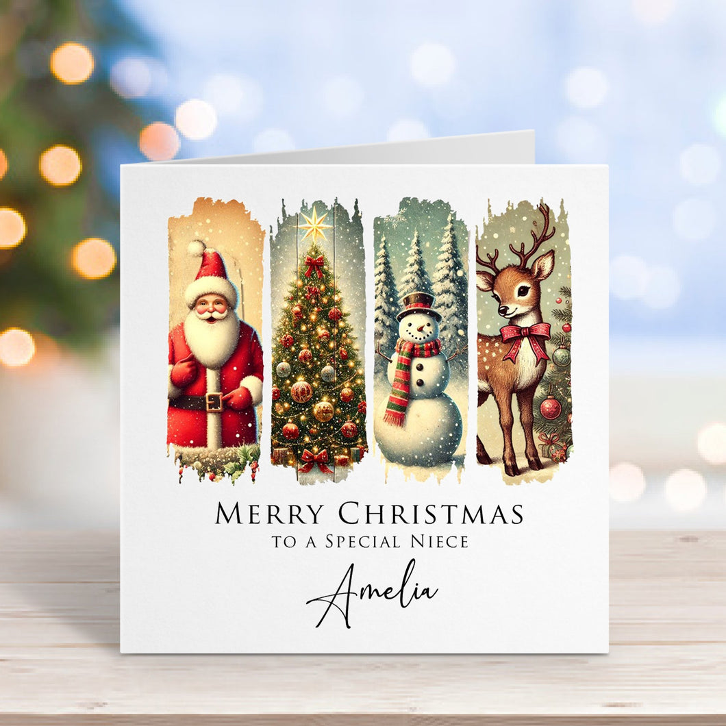 Christmas card with Santa, tree, snowman, and deer on a wooden surface with blurred lights in the background.