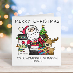 Christmas card with Santa, snowman, and reindeer on a blurred Christmas tree background