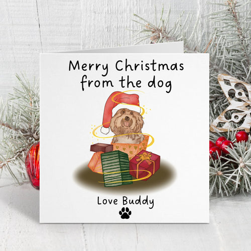 Christmas card with a dog illustration and text 'Merry Christmas from the dog Love Buddy' on a white background.