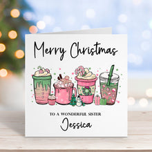 Christmas card with illustrations of hot drinks and personalized text on a blurred background