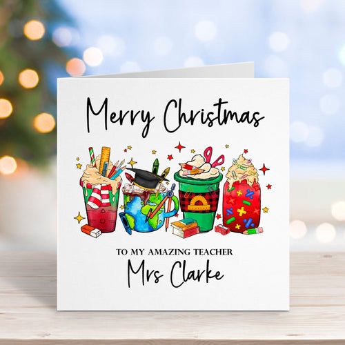 Christmas card with cartoon teachers and personalized text on a blurred festive background