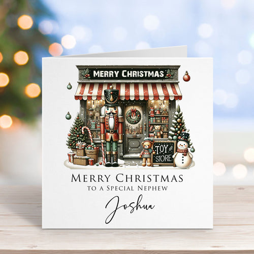 Christmas card with toy store illustration and personalized text on a blurred festive background