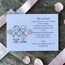 Jessica cute wedding invitation with bride, groom and raised hearts