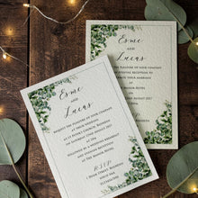 “Esme day and evening wedding invitations on white and ivory card, with sage eucalyptus foliage and personalised black script lettering.