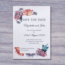 Alexia Save the Date card in white on grey wooden table