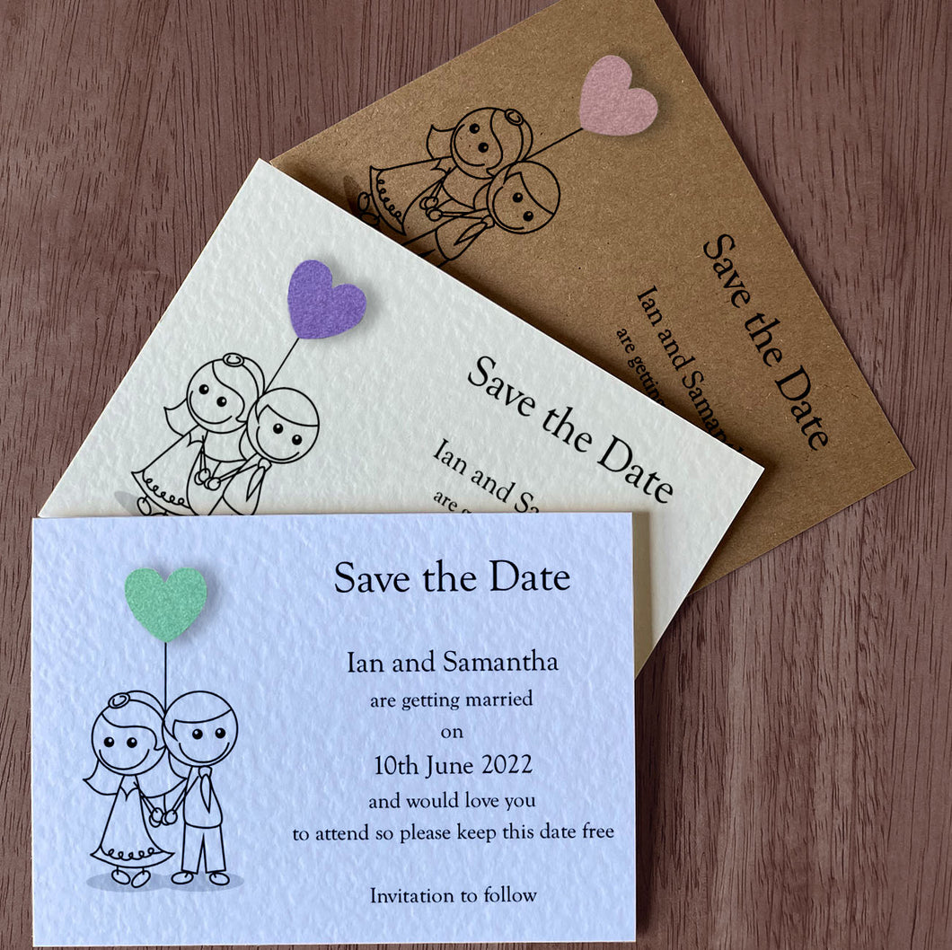 AMELIA Save the Date Cards - Pearl fanned out in white, Ivory and Kraft card. Feauring 3 coloured hearts in Green, Purple and pink