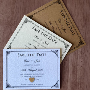 CHARLOTTE Save the Date Cards in white, Ivory and Kraft card with a gold glitter heart