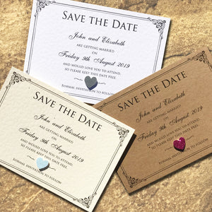CHARLOTTE Save the Date Cards in white, Ivory and kraft card with pink, silver and blue glitter hearts