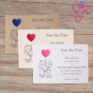 Save the date cards with pink, red and blue pearlescent hearts
