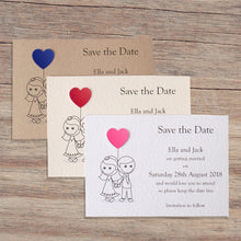 AMELIA Save the Date Cards - Pearl fanned out in white, Ivory and Kraft card. Feauring 3 coloured hearts in pink, Red and blue