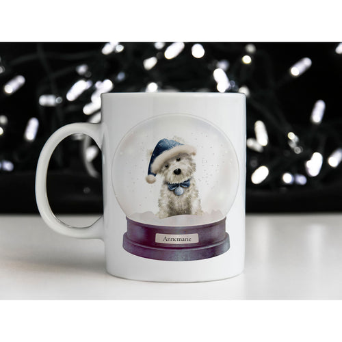 Cute White Dog Christmas Snow Globe Personalised Mug